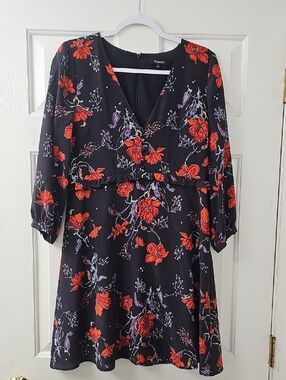 Madewell Black Mini Dress with Red Floral and Lavender Accents
